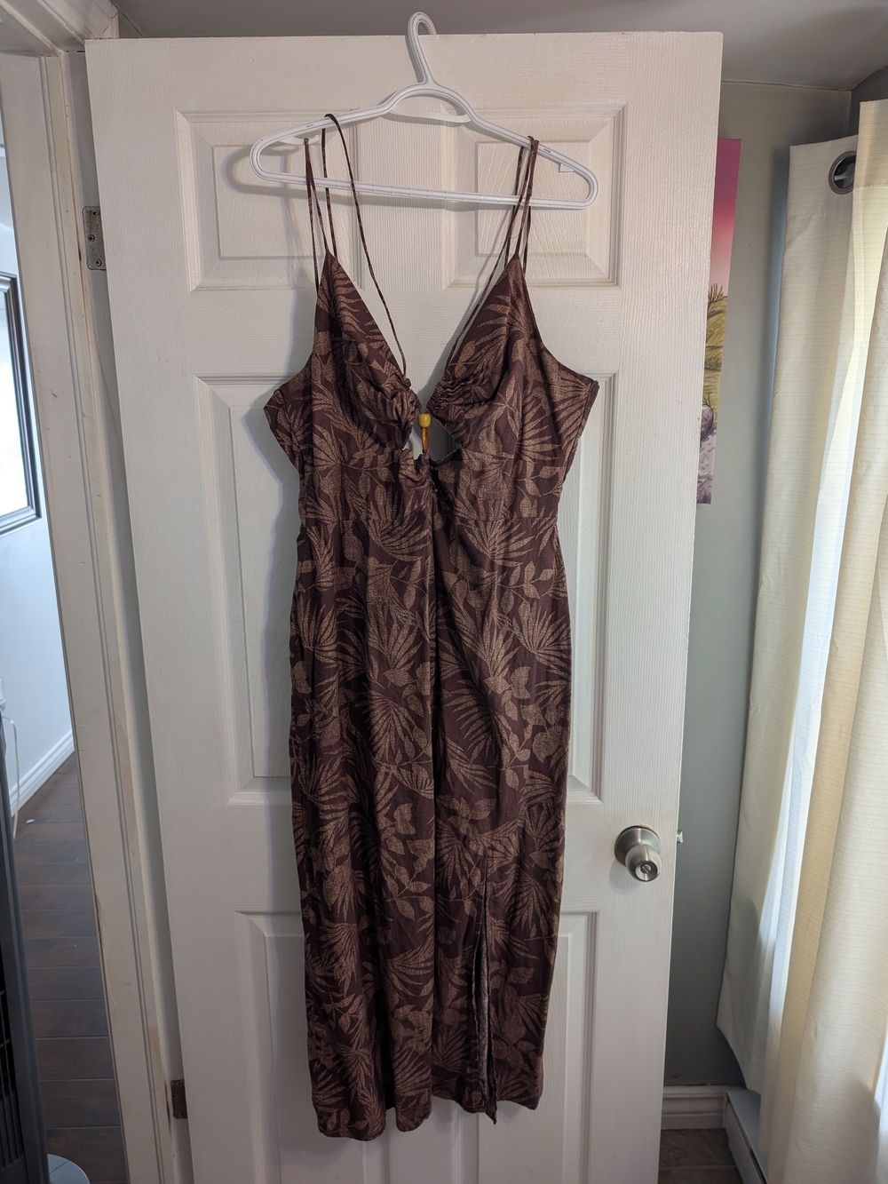 Joe Fresh Brown Floral-Print Midi Slip Dress with Double Spaghetti Straps
